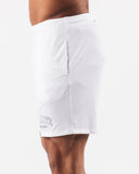 Side view of white mesh 6" men's workout shorts 