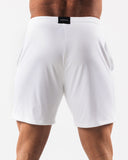 Back view of white mesh 6" men's workout shorts 