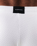 Tag view of white mesh 6" men's workout shorts 