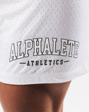 Alphalete logo on white mesh 6" men's workout shorts 